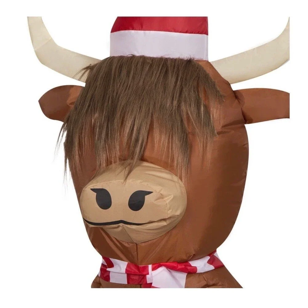 3.5ft Scottish Highlander Cow in Santa Hat Holiday Airblown Inflatable